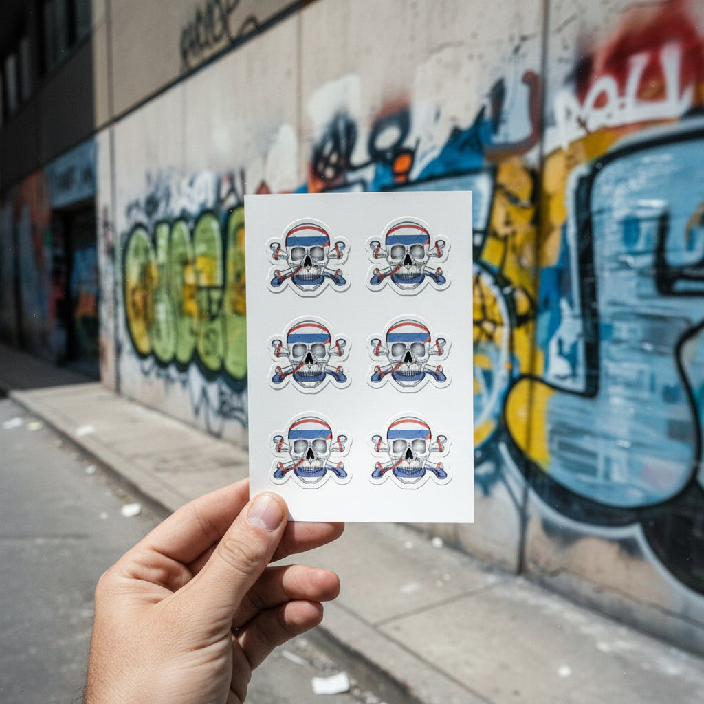 Sheet of stickers with israeli skull designs held up against a graffiti-covered wall.