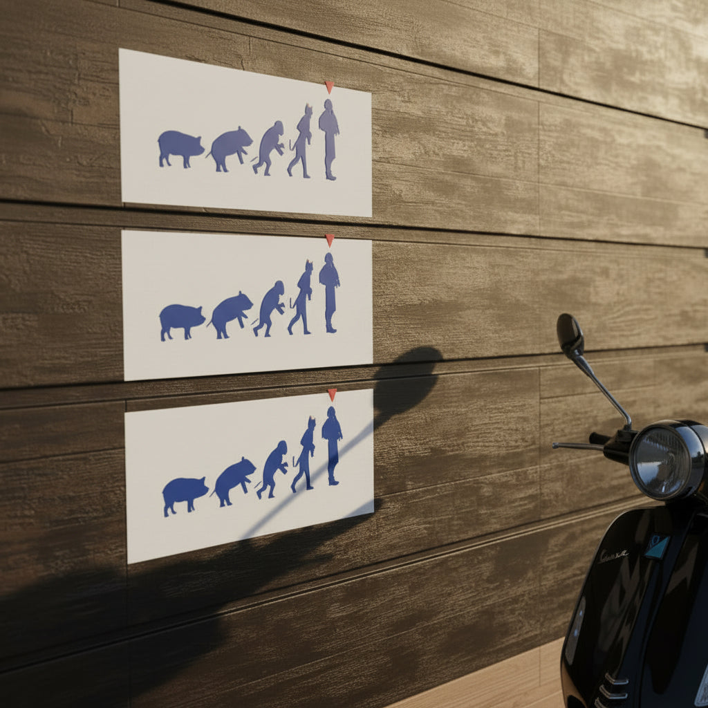 Three "pig evolution to devilish israeli soldier/policeman" stickers attached to a wooden wall, with a motorcycle partially visible.