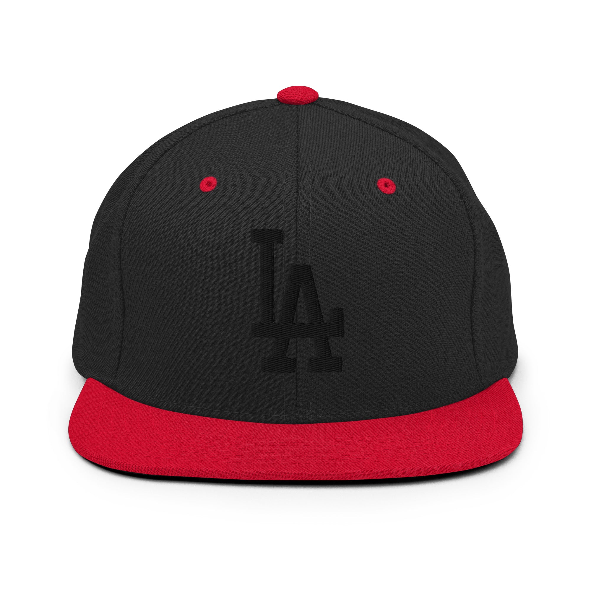 Black Red Classic Snapback Hat with black LA Embroidery - Product mockup