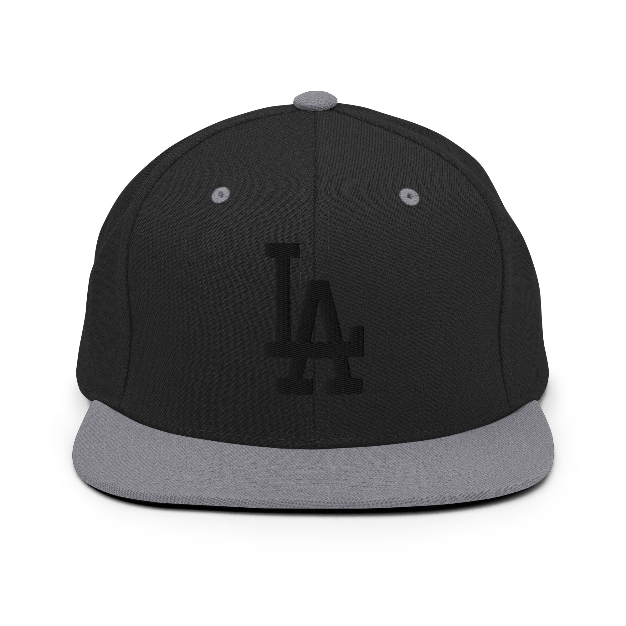 Black Silver Classic Snapback Hat with black LA Embroidery - Product mockup