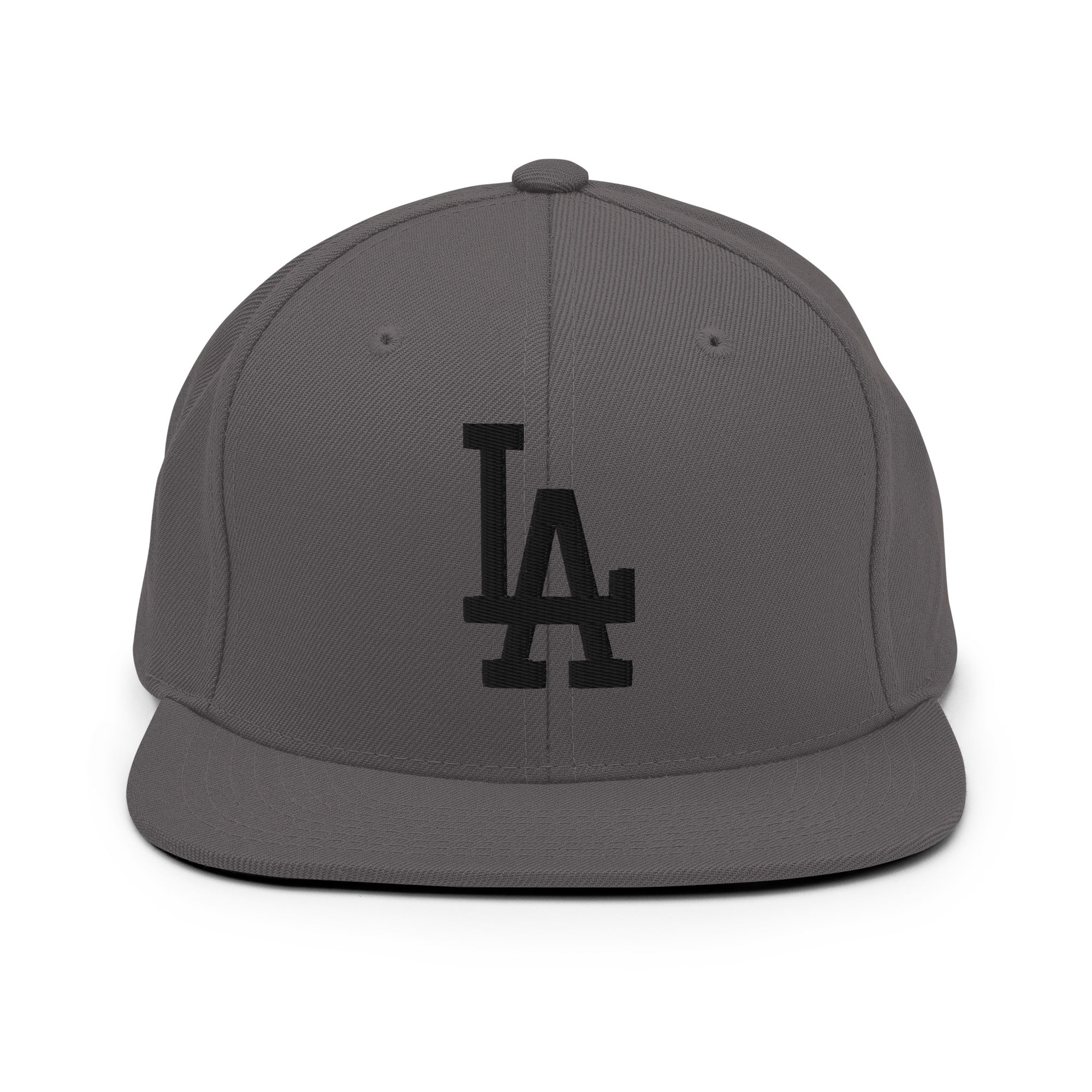 Dark Grey Classic Snapback Hat with black LA Embroidery - Product mockup