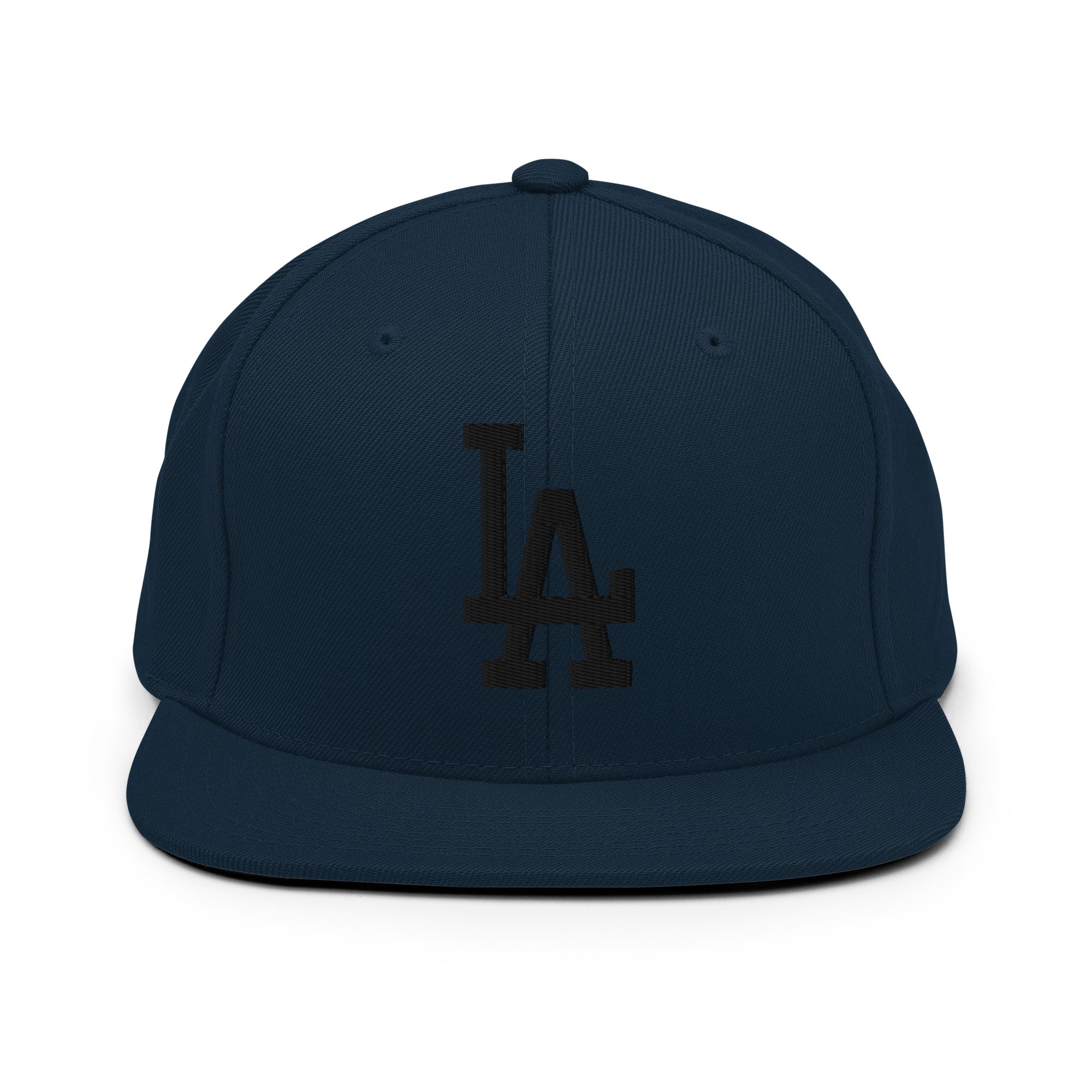 Dark Navy Classic Snapback Hat with black LA Embroidery - Product mockup