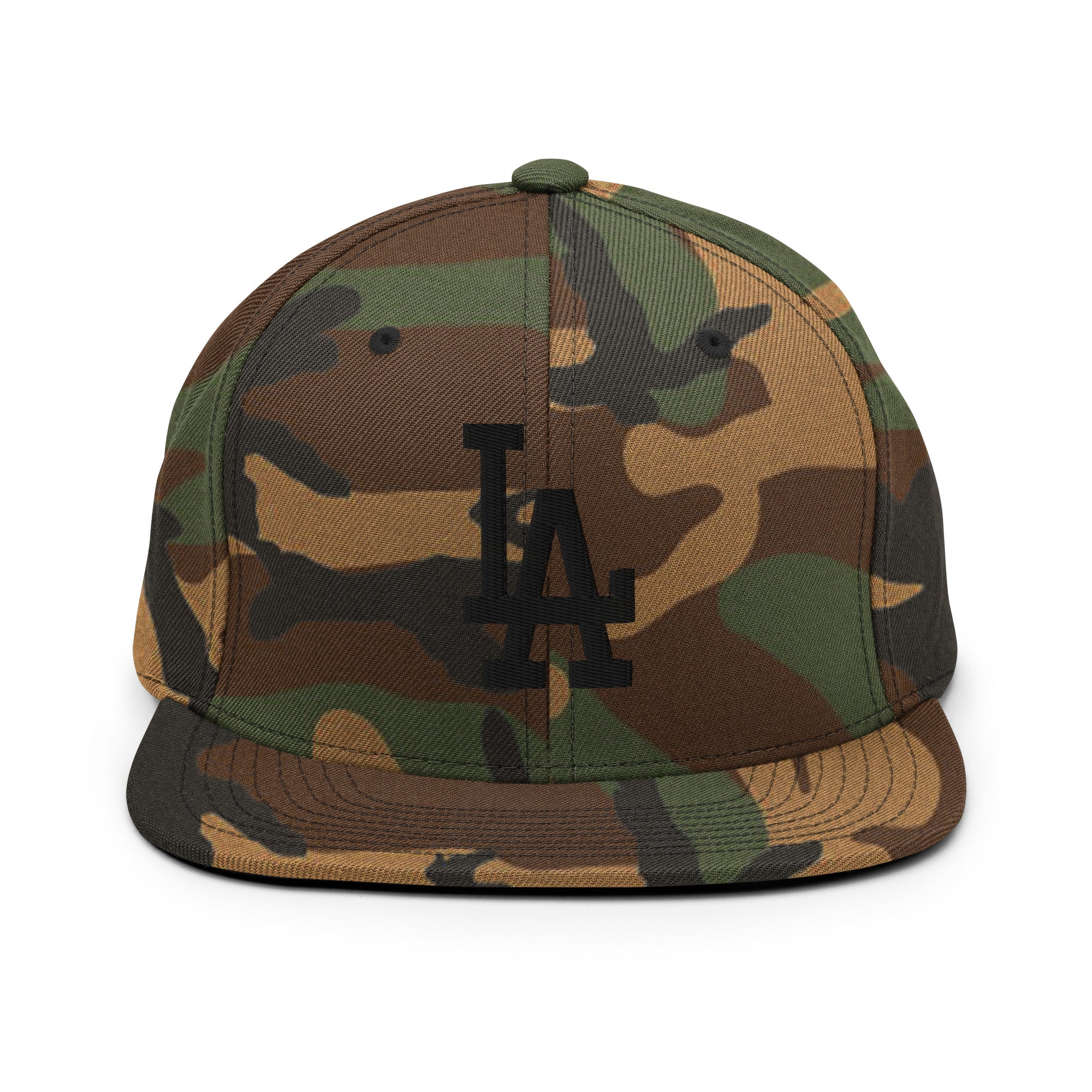 Green Camo Classic Snapback Hat with black LA Embroidery - Product mockup