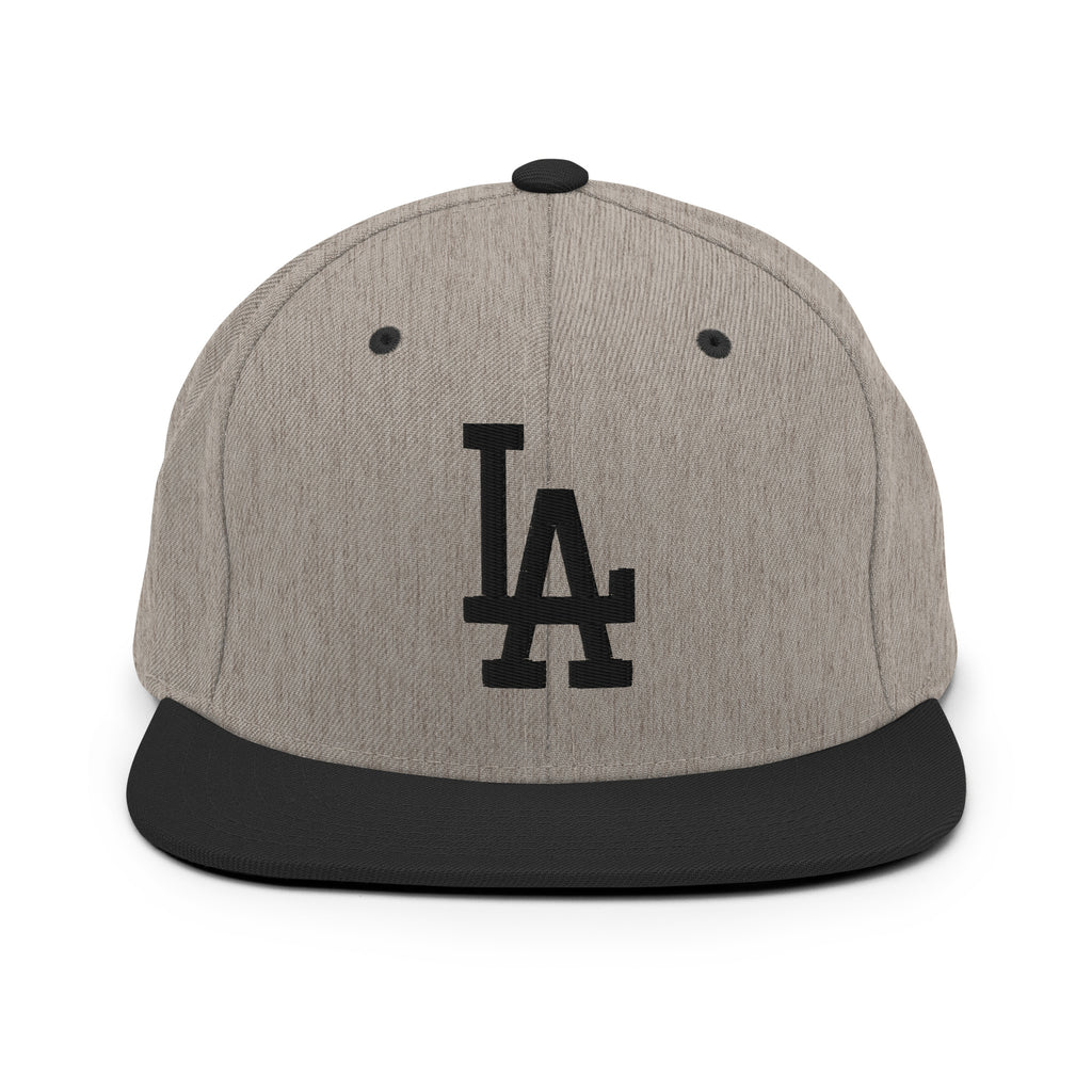 Heather Black Classic Snapback Hat with black LA Embroidery - Product mockup