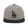 Heather Black Classic Snapback Hat with black LA Embroidery - Product mockup
