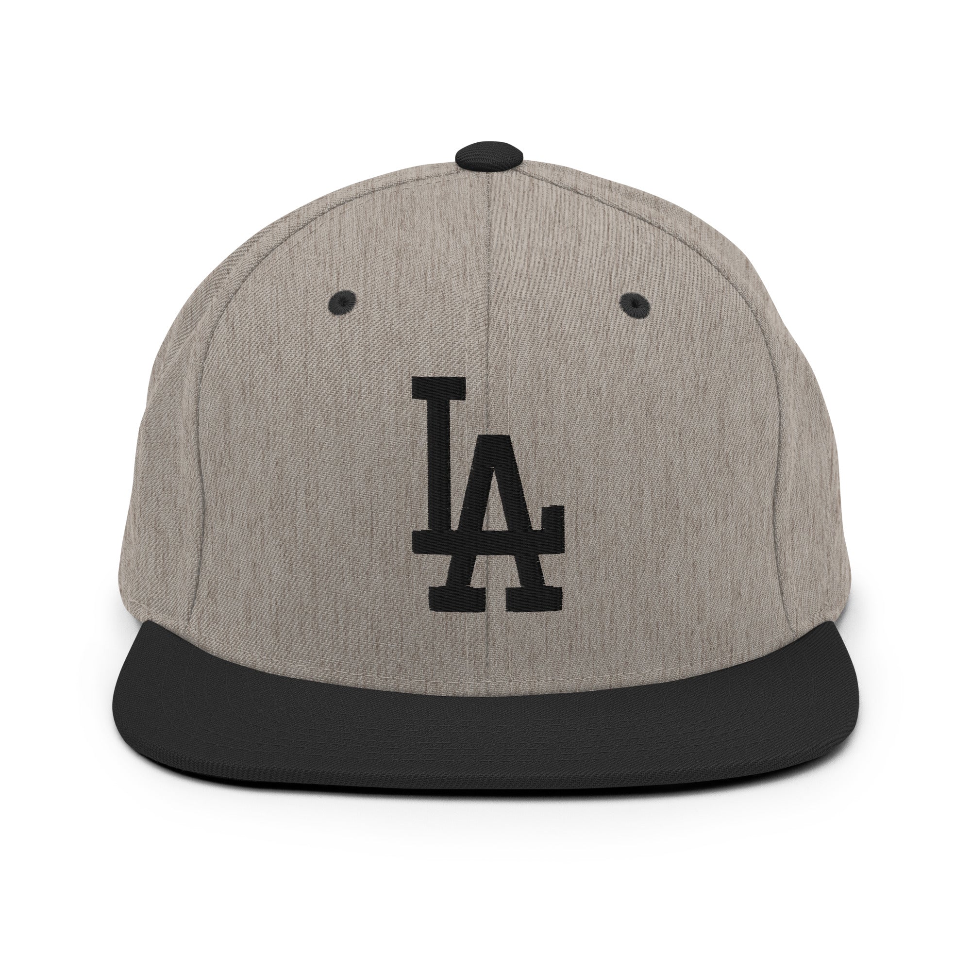 Heather Black Classic Snapback Hat with black LA Embroidery - Product mockup