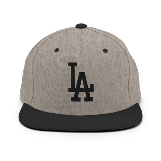 Heather Black Classic Snapback Hat with black LA Embroidery - Product mockup