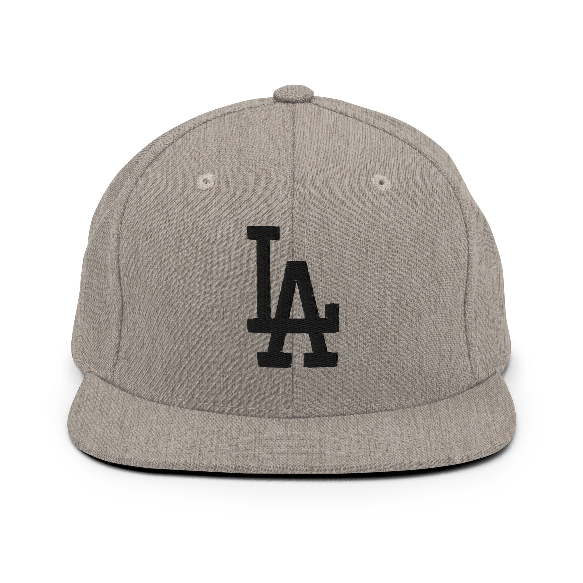 Heather Grey Classic Snapback Hat with black LA Embroidery - Product mockup
