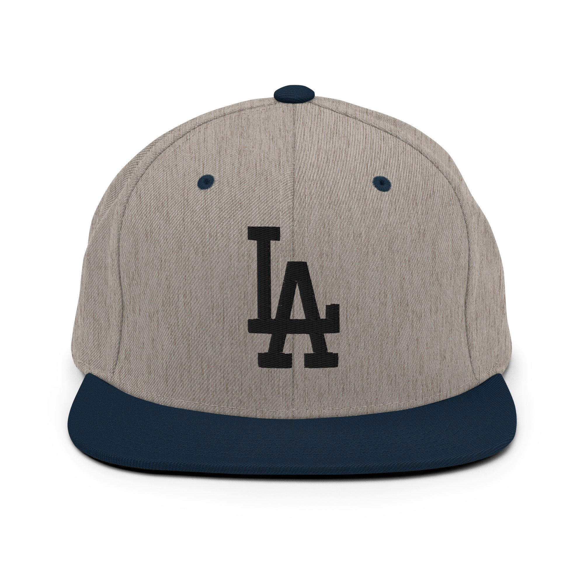 Heather Grey Navy Classic Snapback Hat with black LA Embroidery - Product mockup