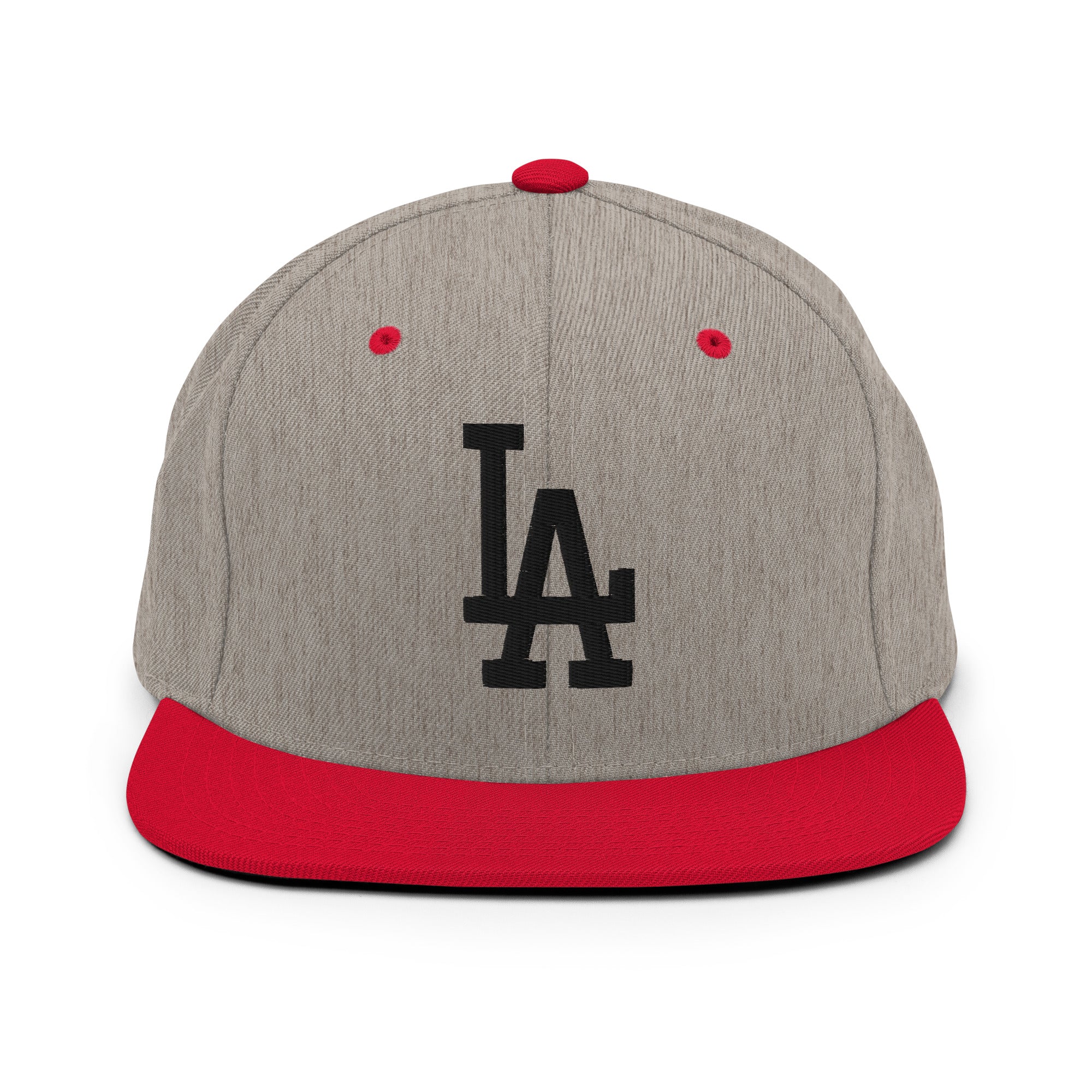 Heather Grey and Red Classic Snapback Hat with black LA Embroidery - Product mockup
