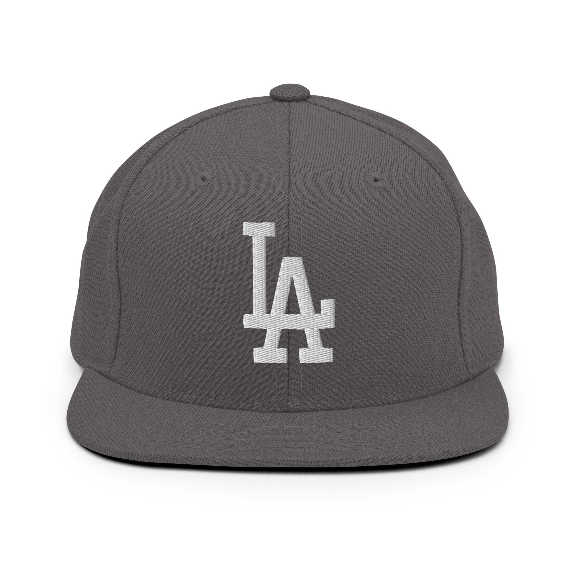 Product mockup - Dark Grey Classic Snapback Hat with white LA Embroidery 