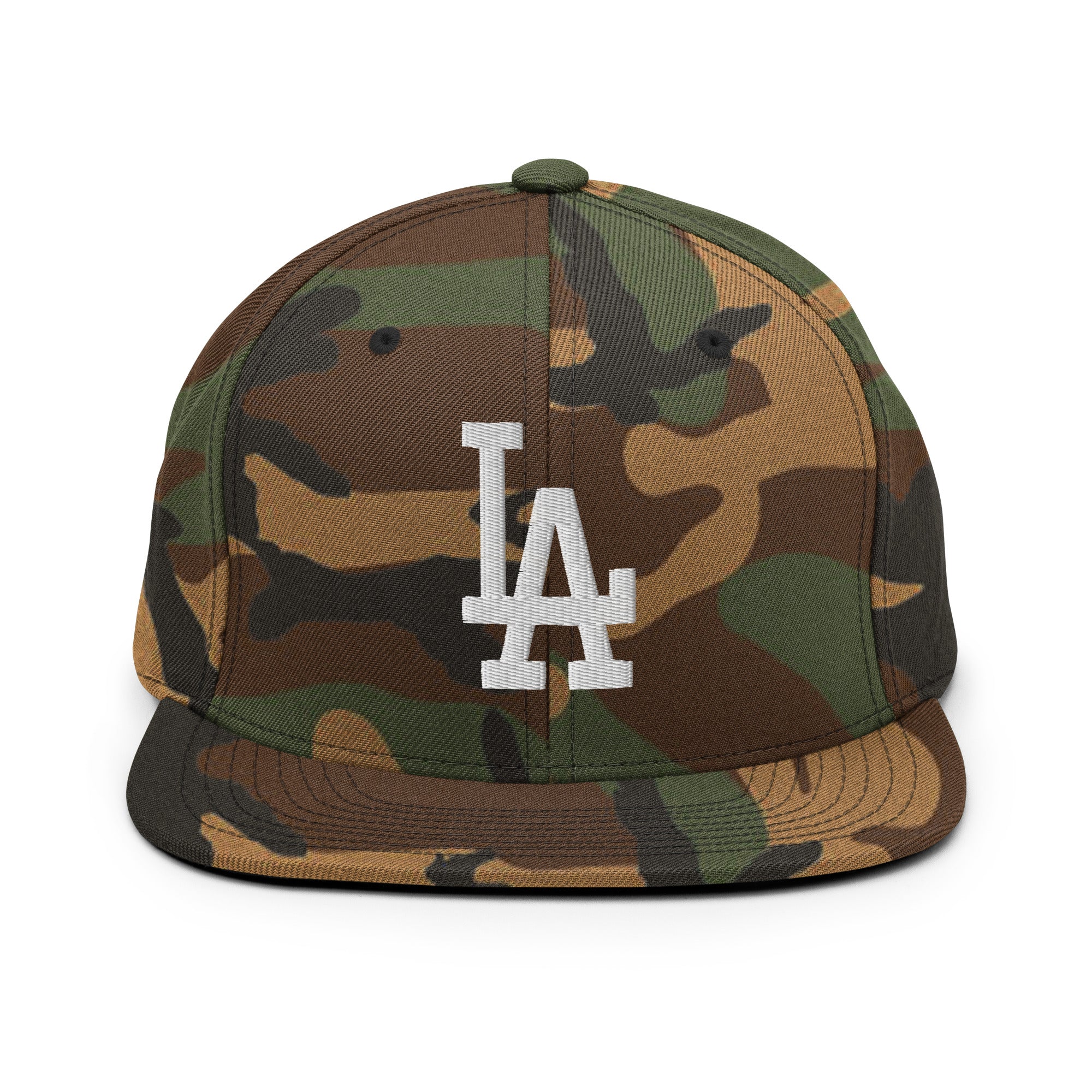 Product mockup - Green Camo Classic Snapback Hat with white LA Embroidery