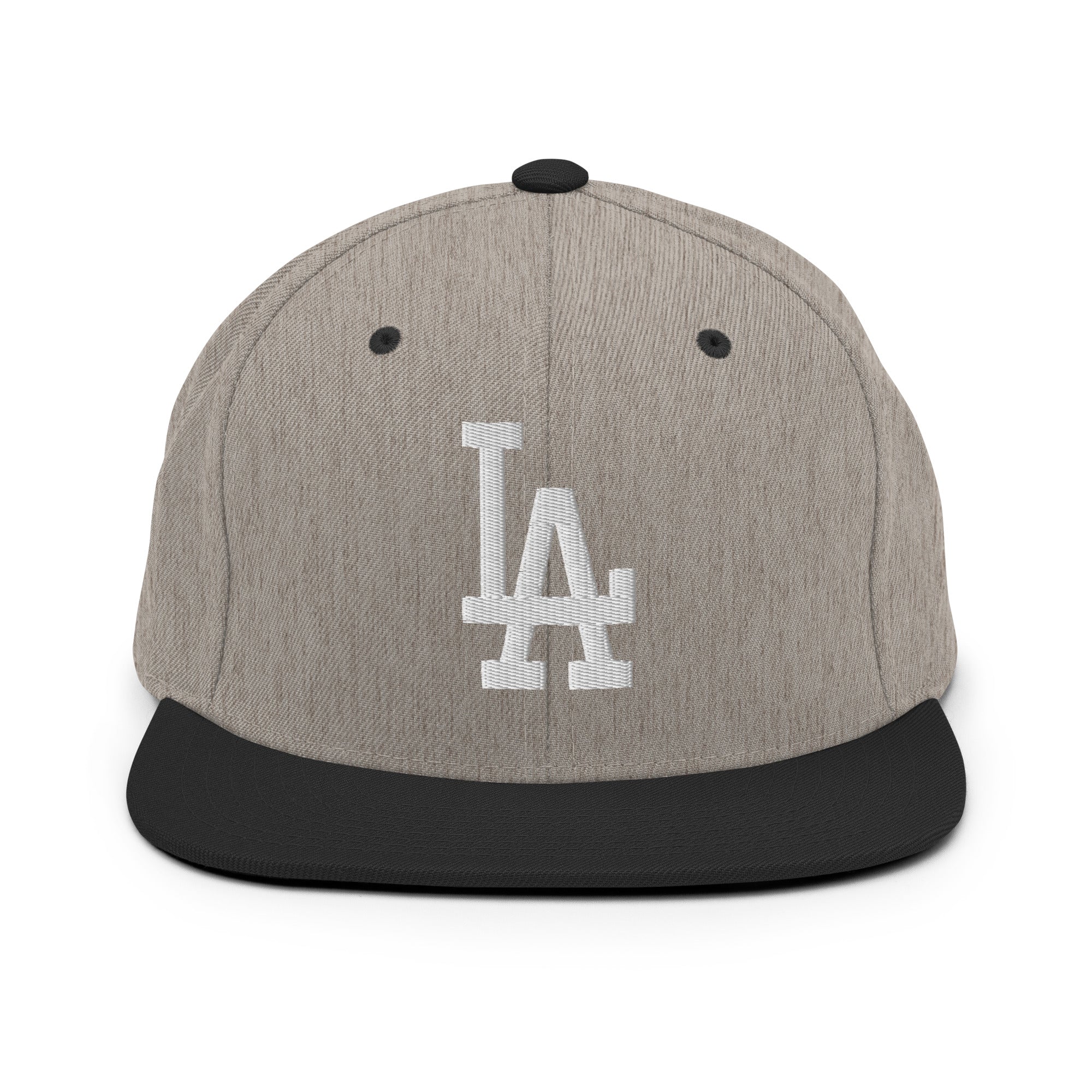 Product mockup - Heather Black Classic Snapback Hat with white LA Embroidery