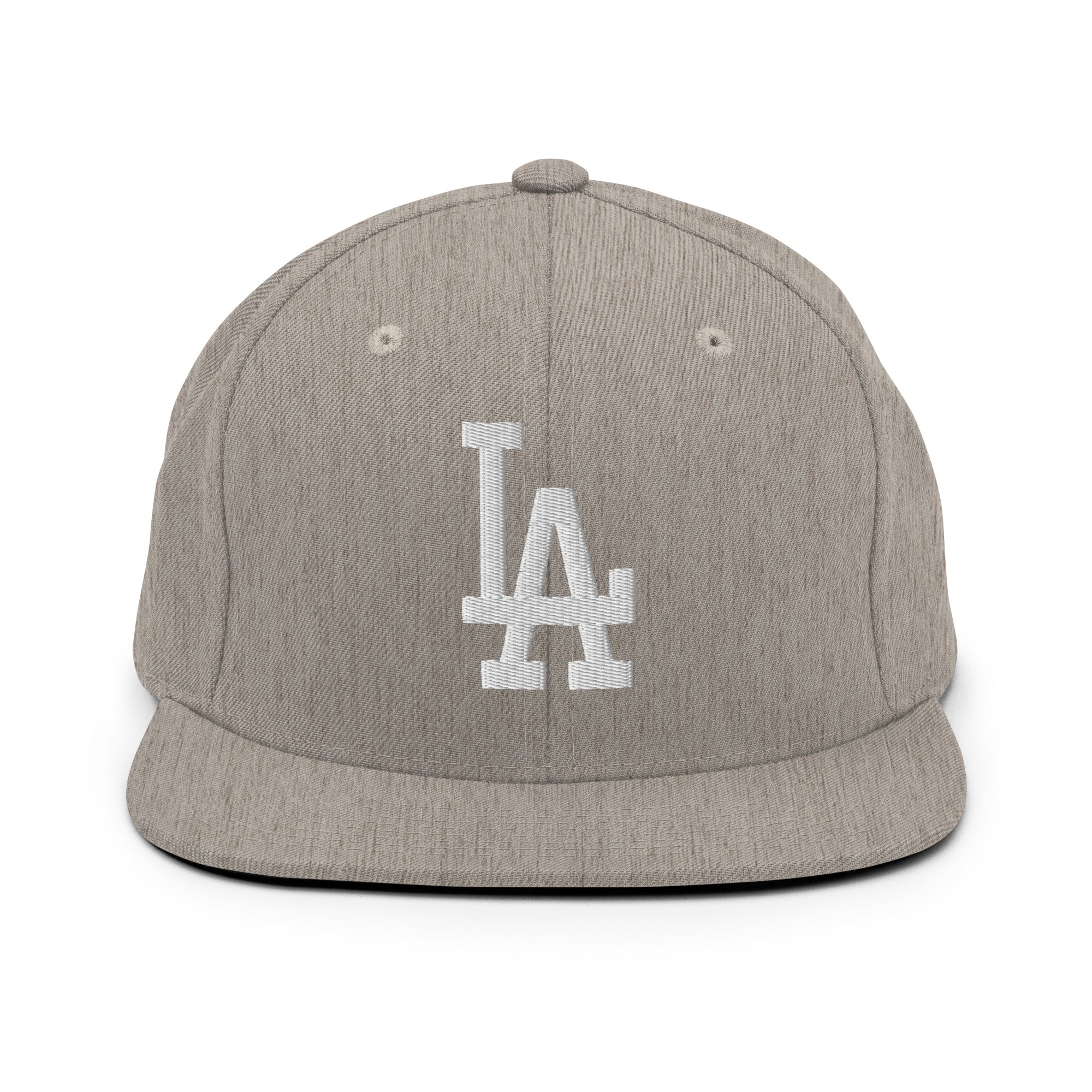 Product mockup - Heather Grey Classic Snapback Hat with white LA Embroidery