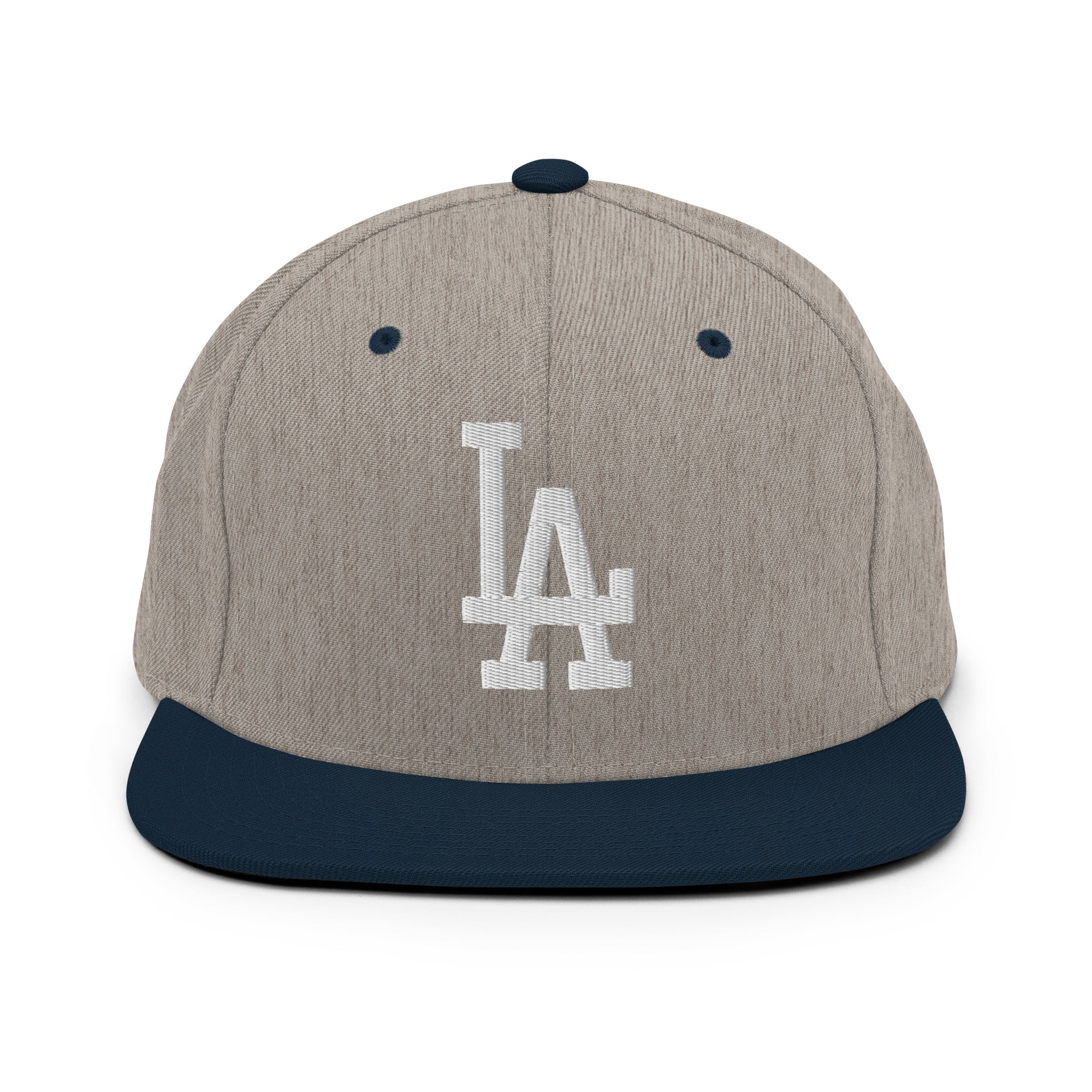 Product mockup - Heather Grey Navy Classic Snapback Hat with white LA Embroidery