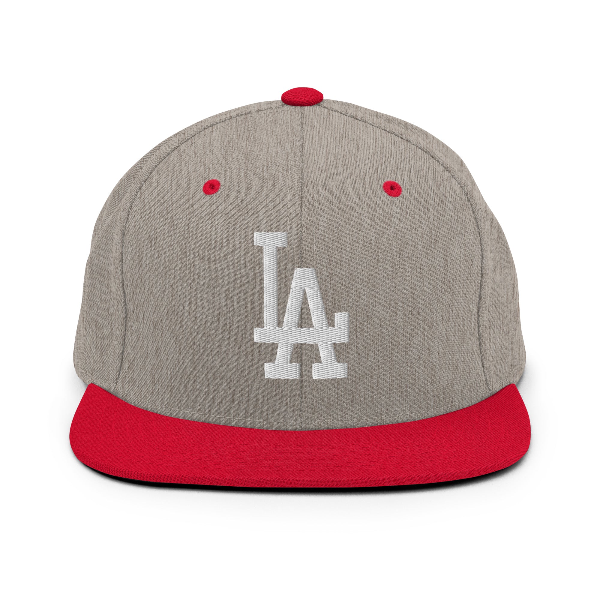 Product mockup - Heather Grey Red Classic Snapback Hat with white LA Embroidery