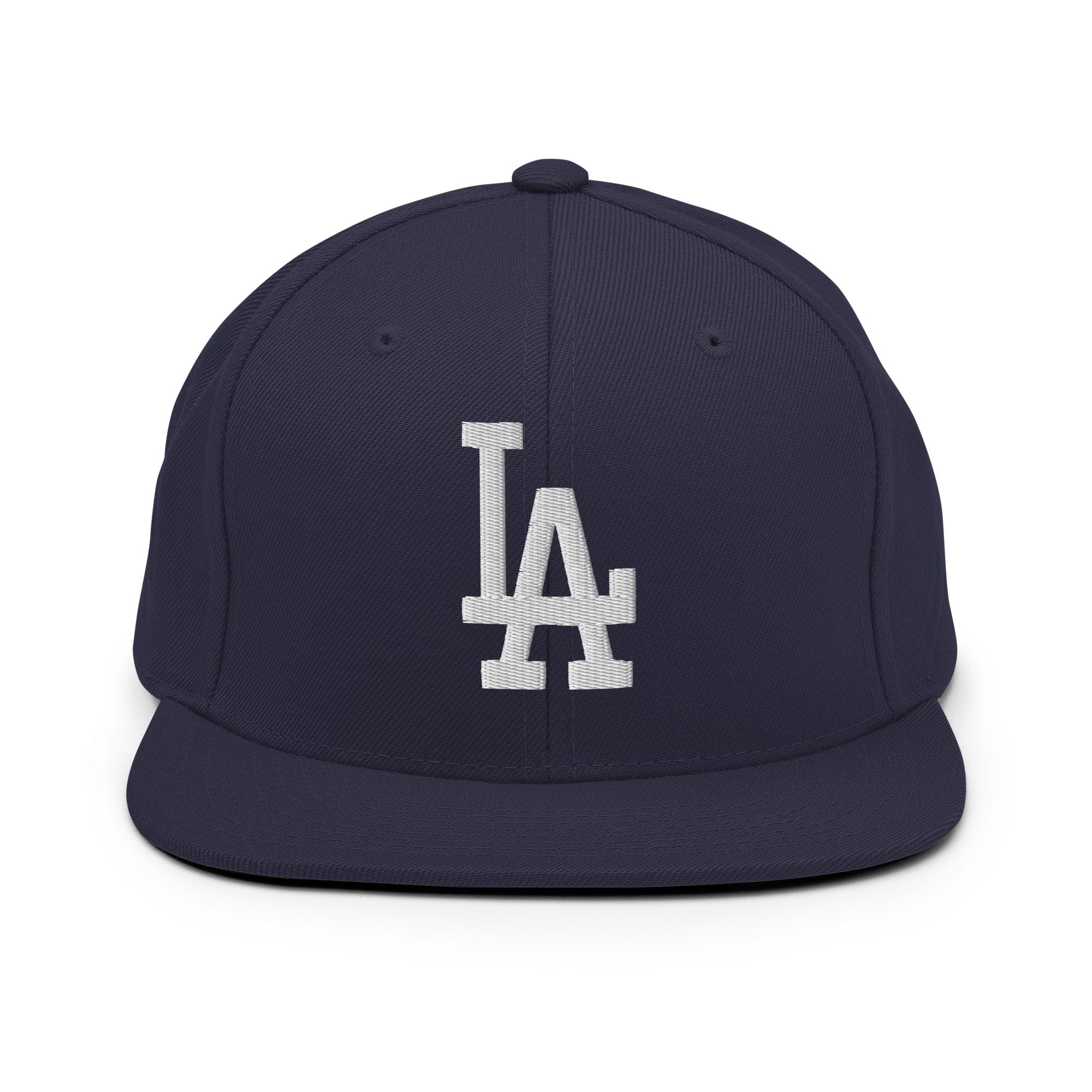 Product mockup - Navy Classic Snapback Hat with white LA Embroidery
