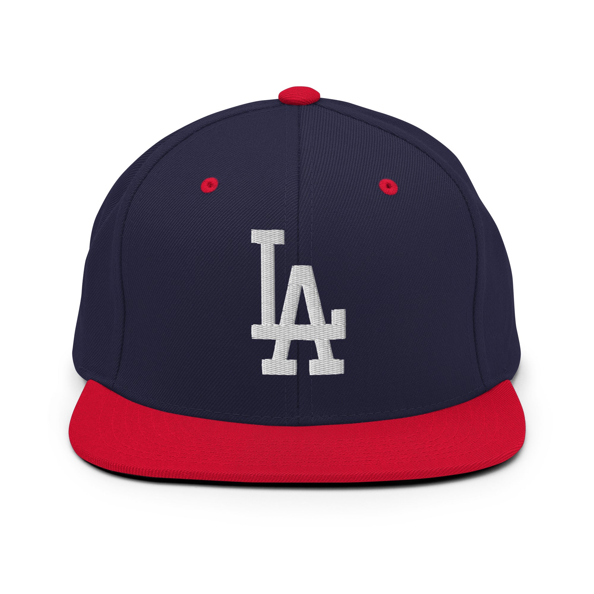 Product mockup - Navy Red Classic Snapback Hat with white LA Embroidery