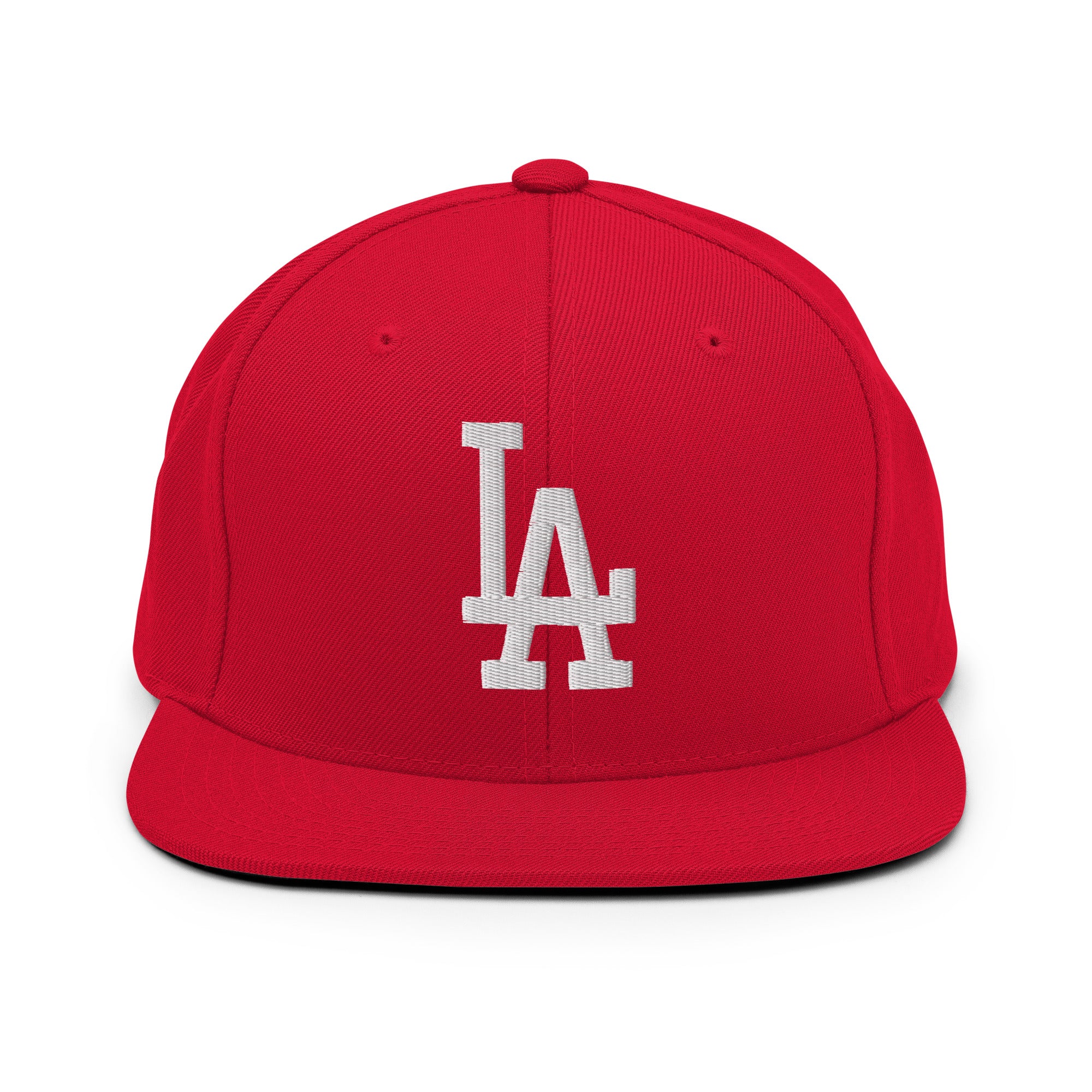 Product mockup - Red Classic Snapback Hat with white LA Embroidery
