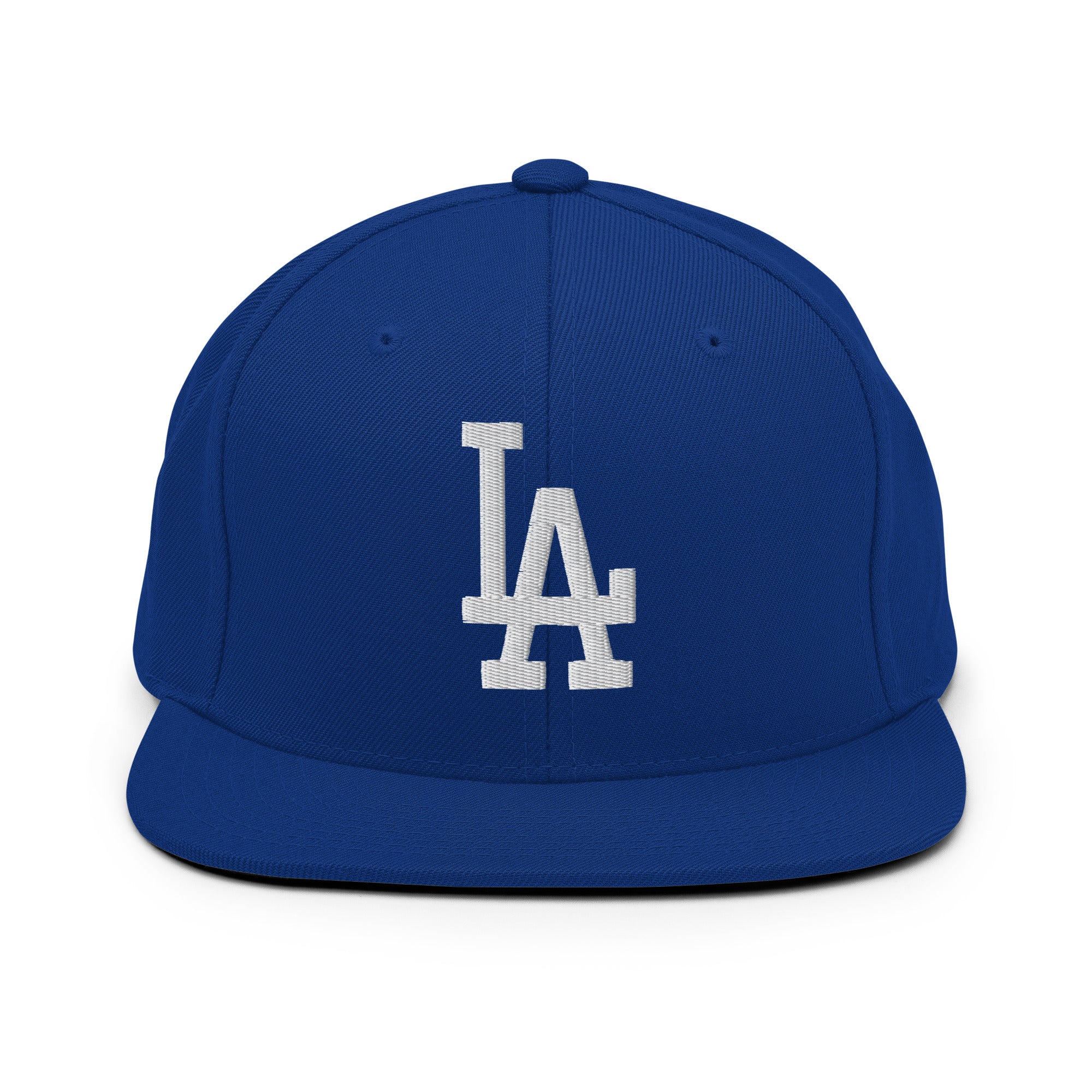 Product mockup - Royal Blue Classic Snapback Hat with white LA Embroidery