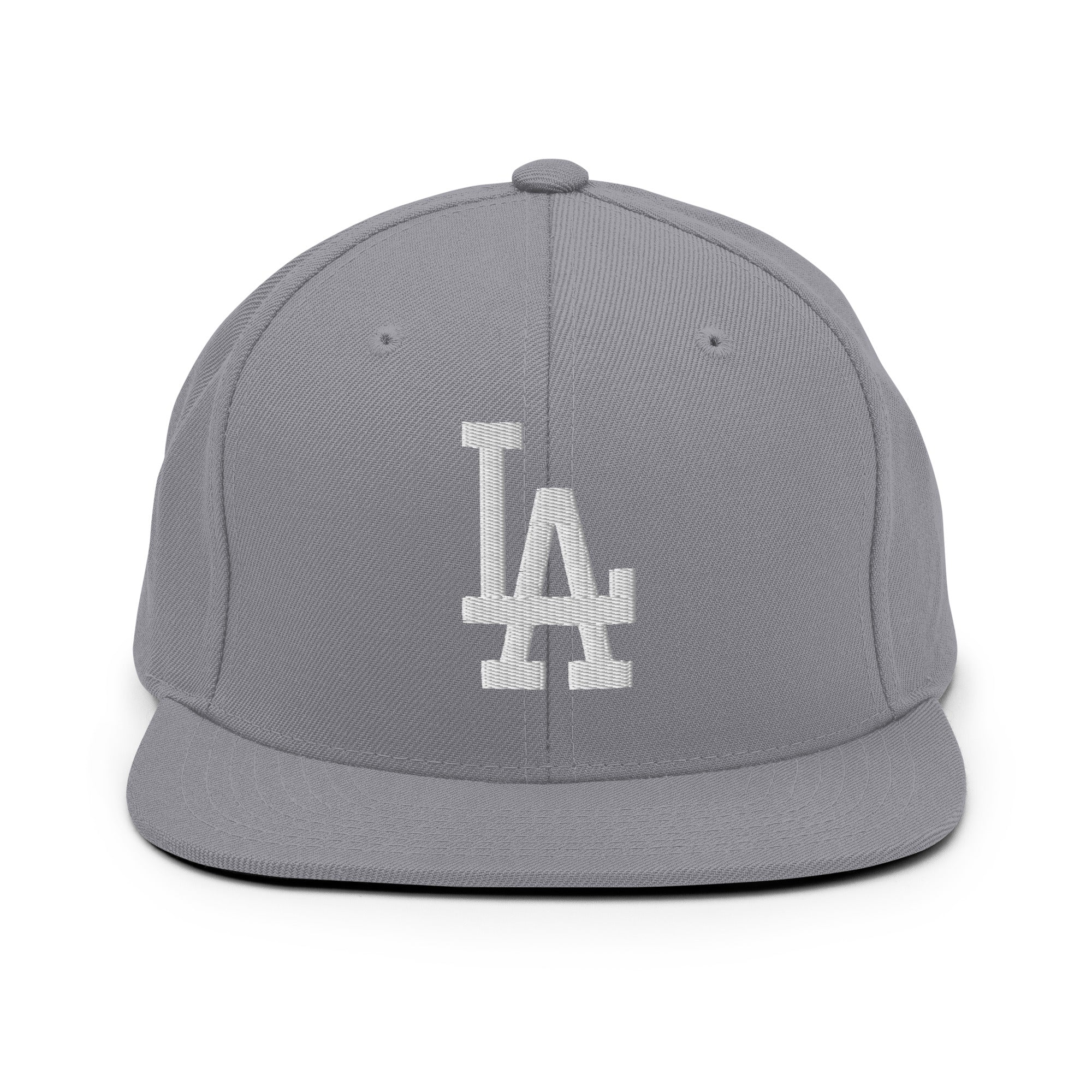 Product mockup - Silver Classic Snapback Hat with white LA Embroidery