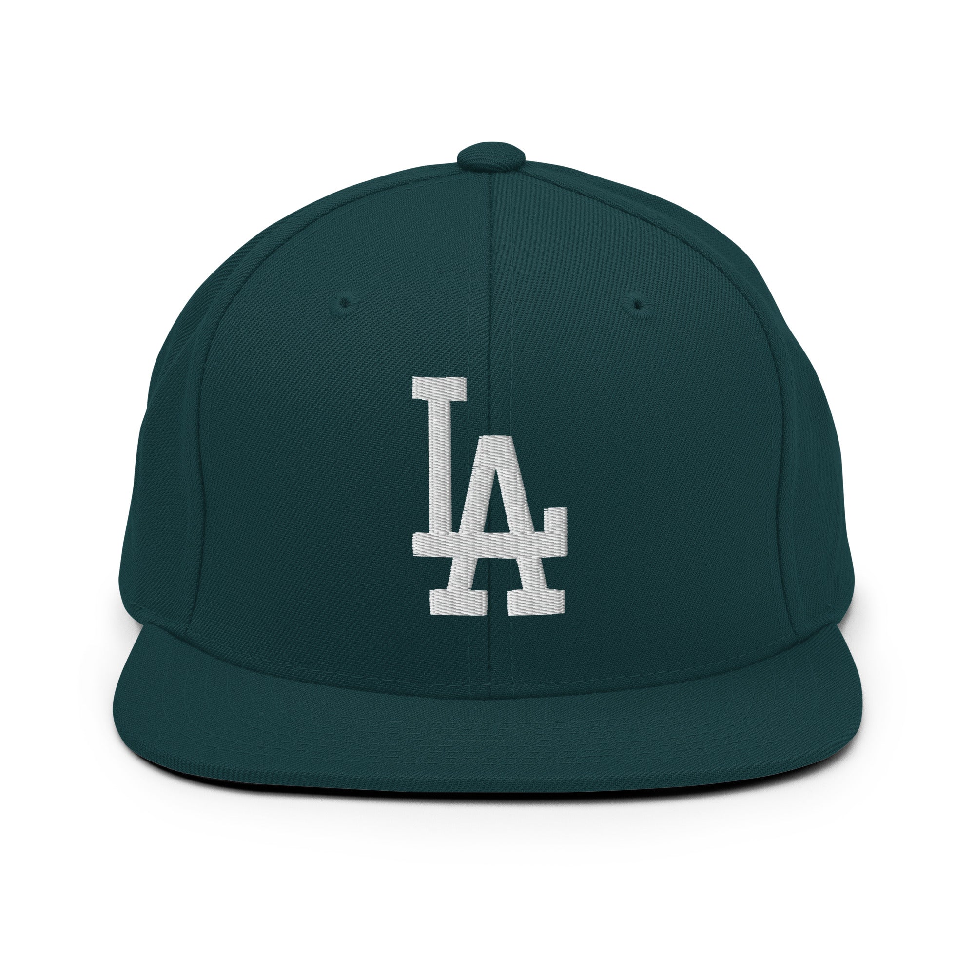 Product mockup - Spruce Classic Snapback Hat with white LA Embroidery