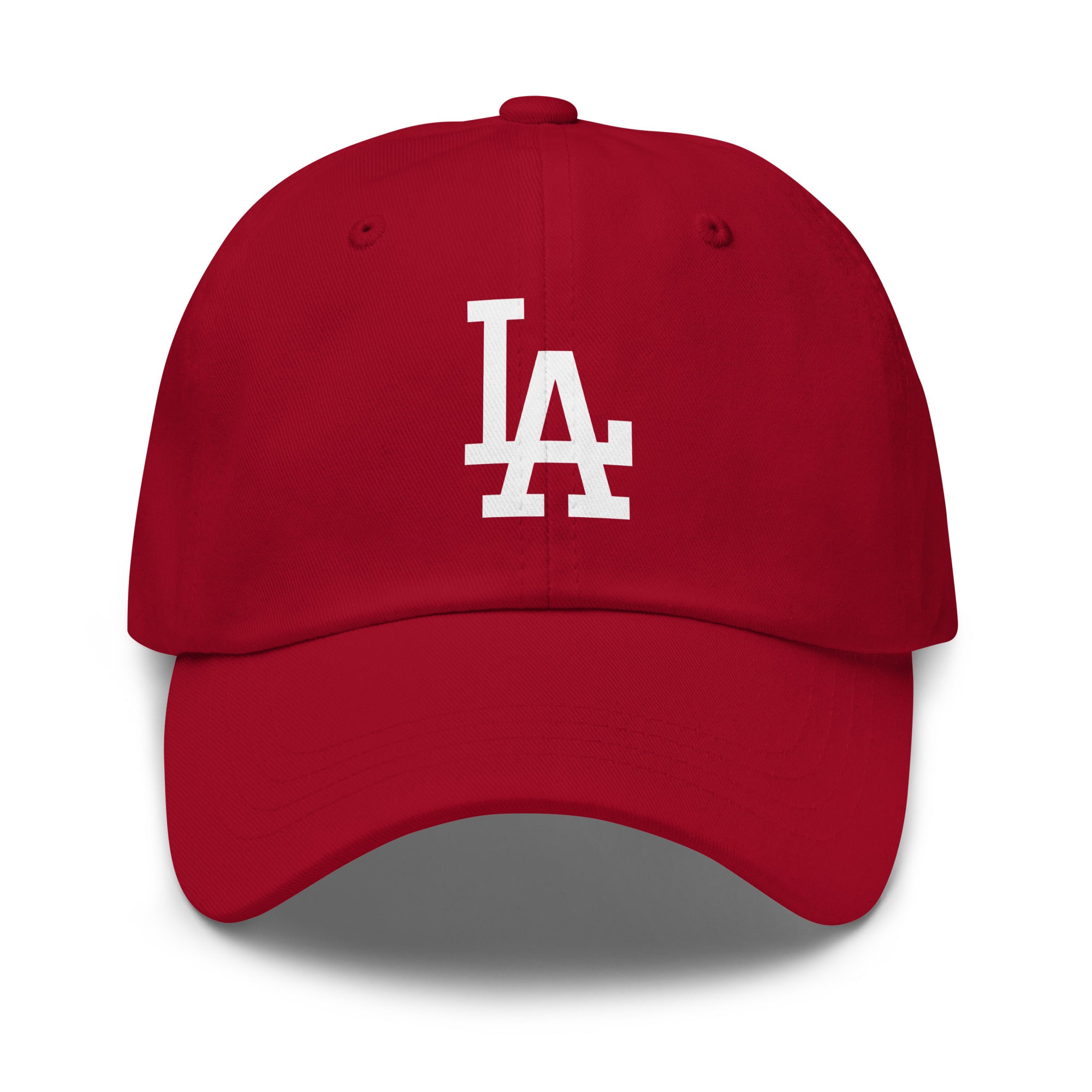 Cranberry Cap Classic Dad Hat with White LA design - Product mockup