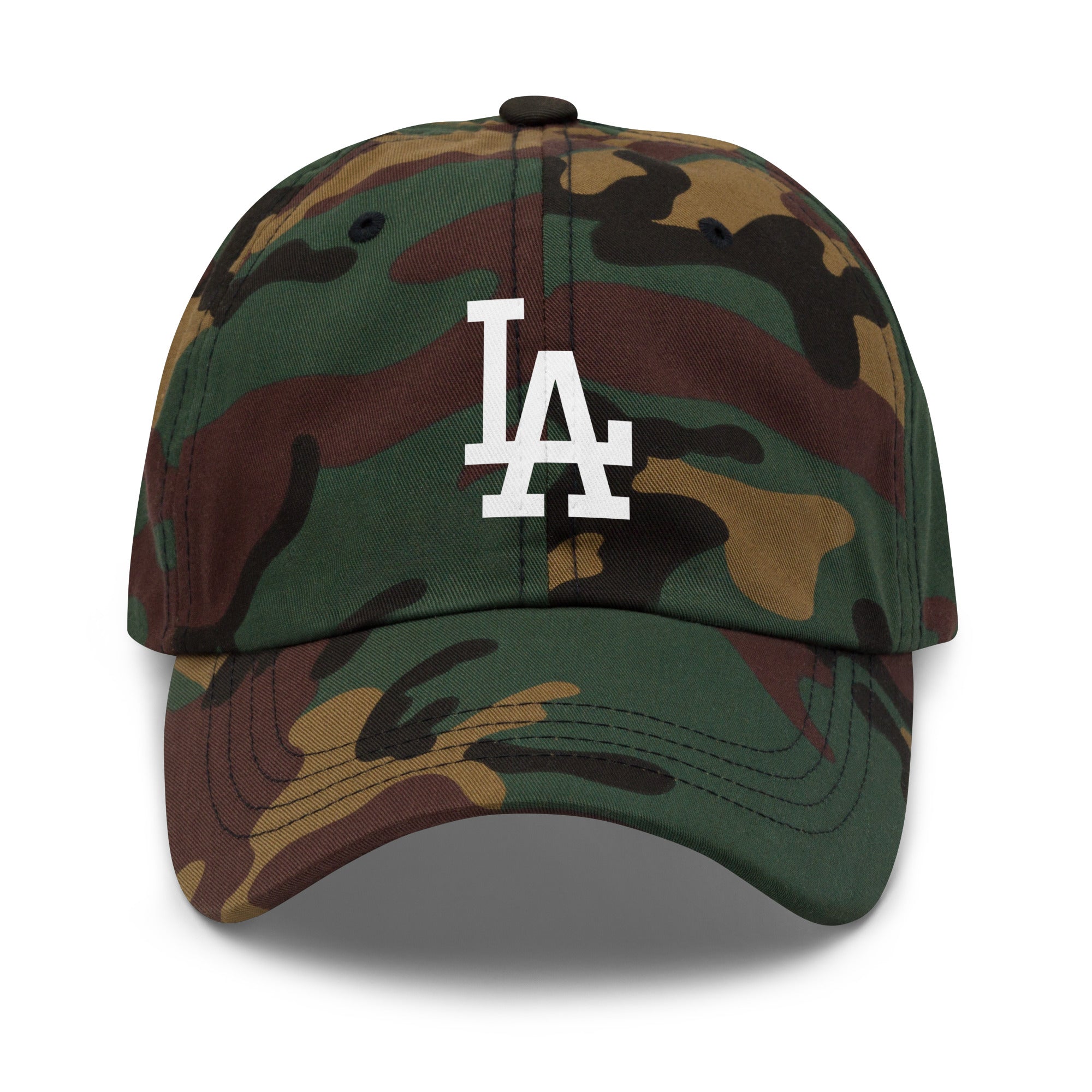 Green Camo Cap Classic Dad Hat with White LA design - Product mockup