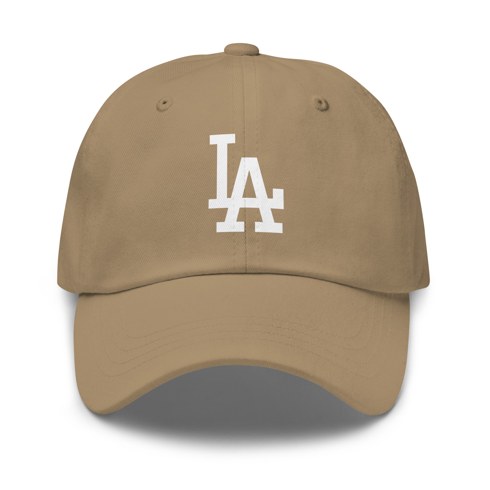 Khaki Cap Classic Dad Hat with White LA design - Product mockup