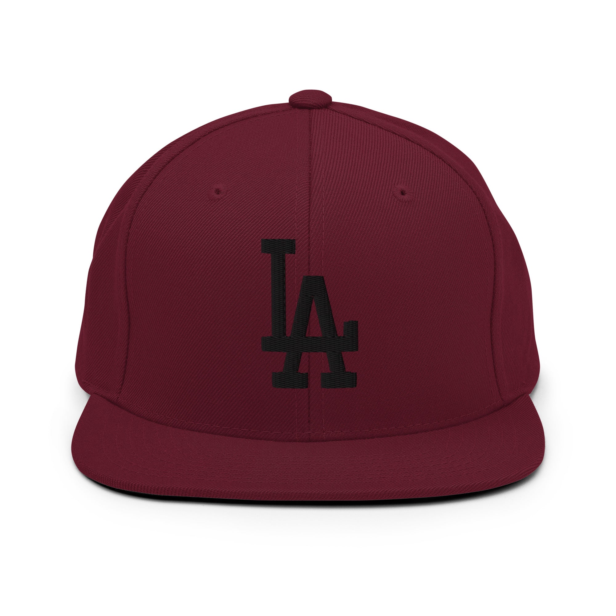 Maroon Classic Snapback Hat with black LA Embroidery - Product mockup