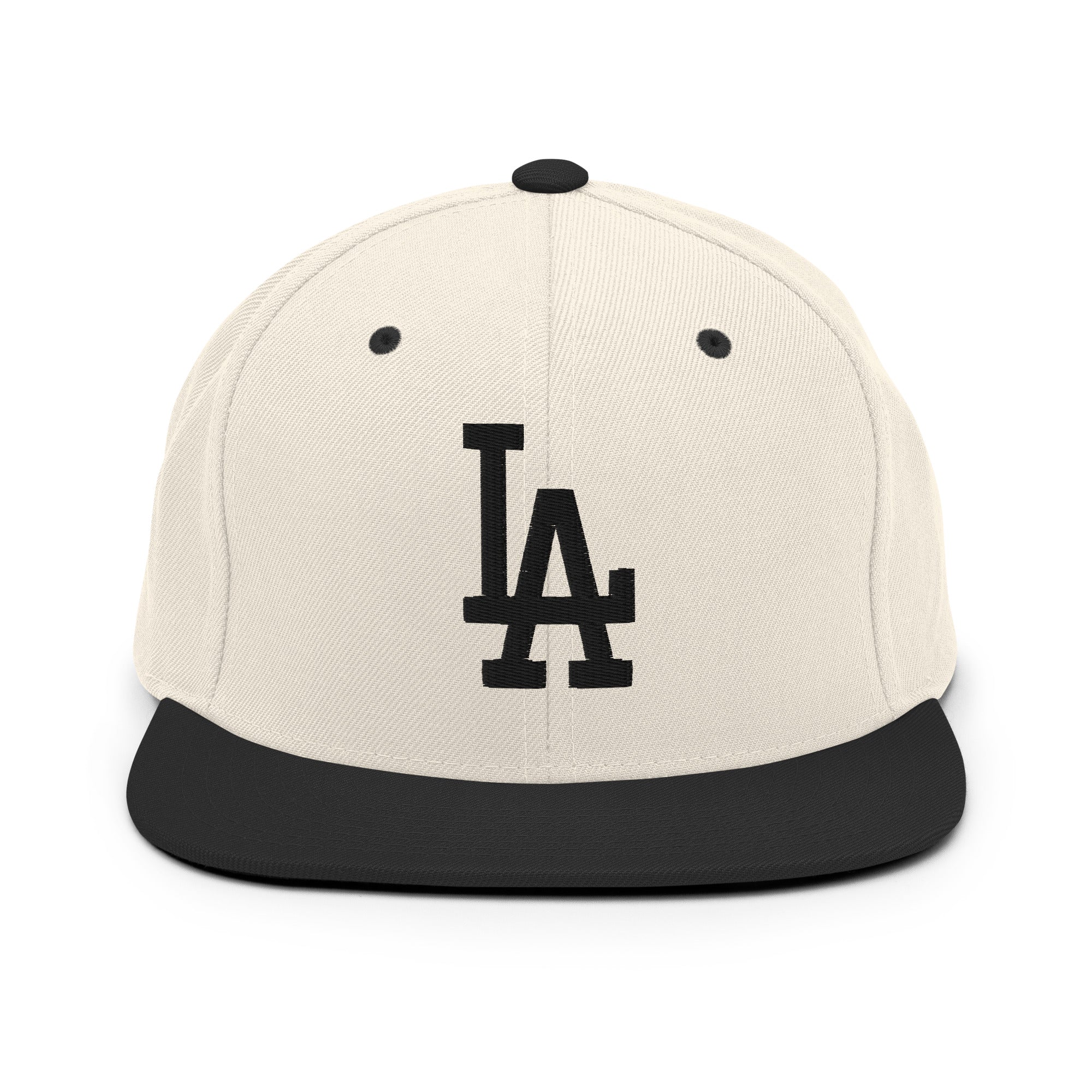 Natural Black Classic Snapback Hat with black LA Embroidery - Product mockup