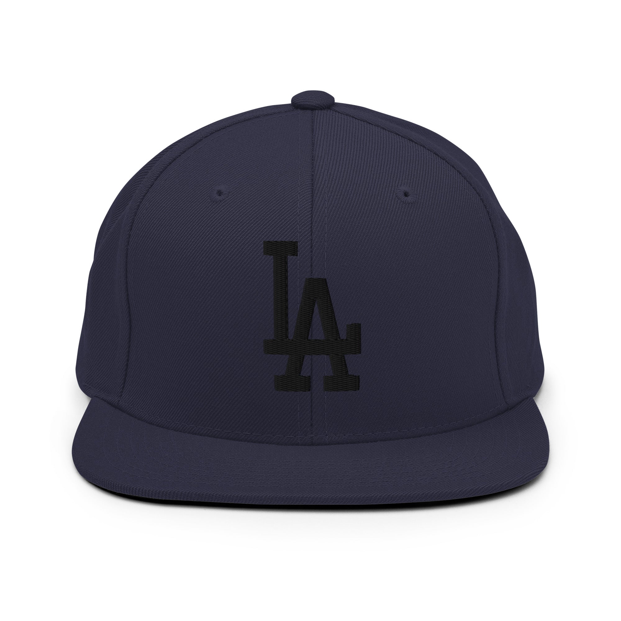 Navy Classic Snapback Hat with black LA Embroidery - Product mockup
