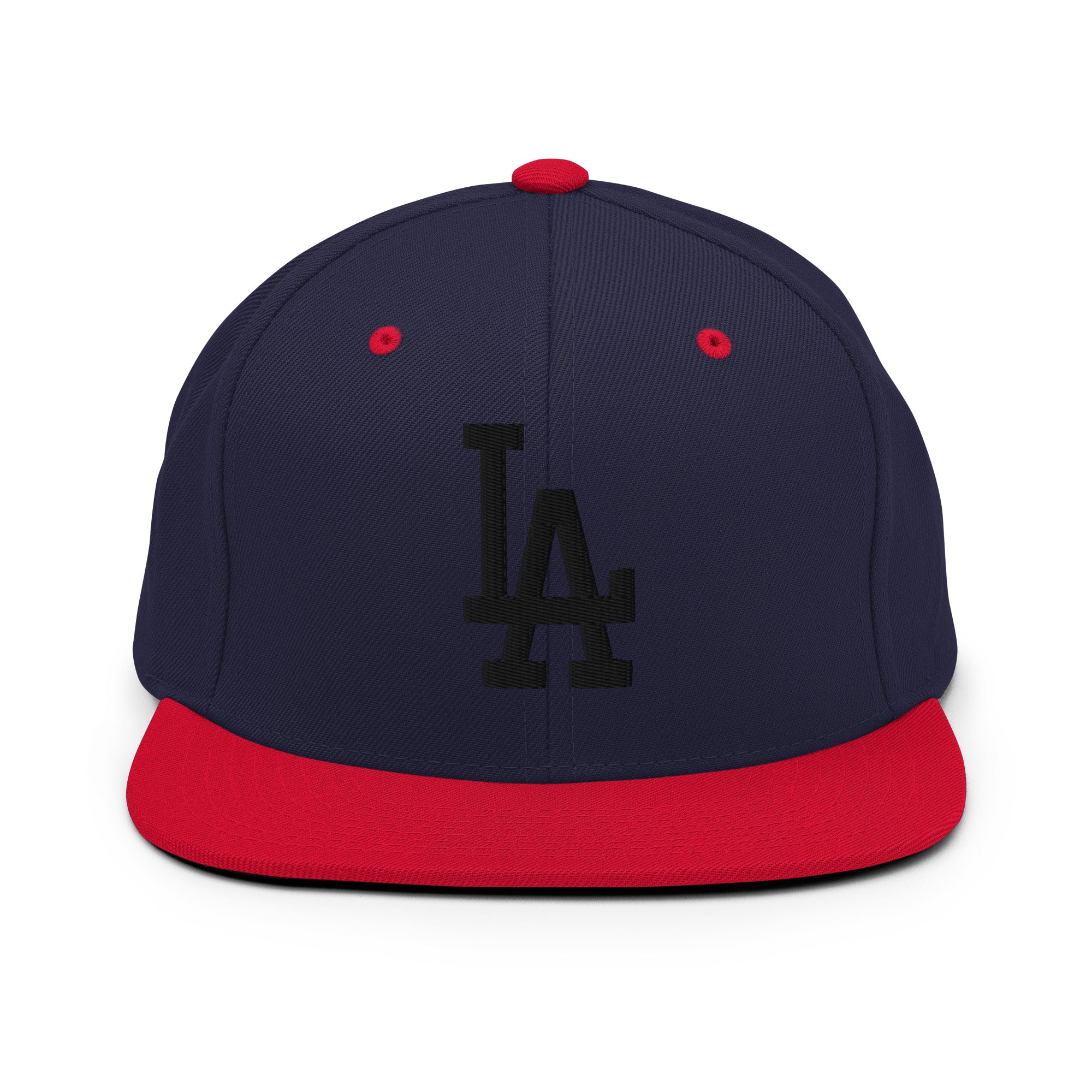 Navy Red Classic Snapback Hat with black LA Embroidery - Product mockup