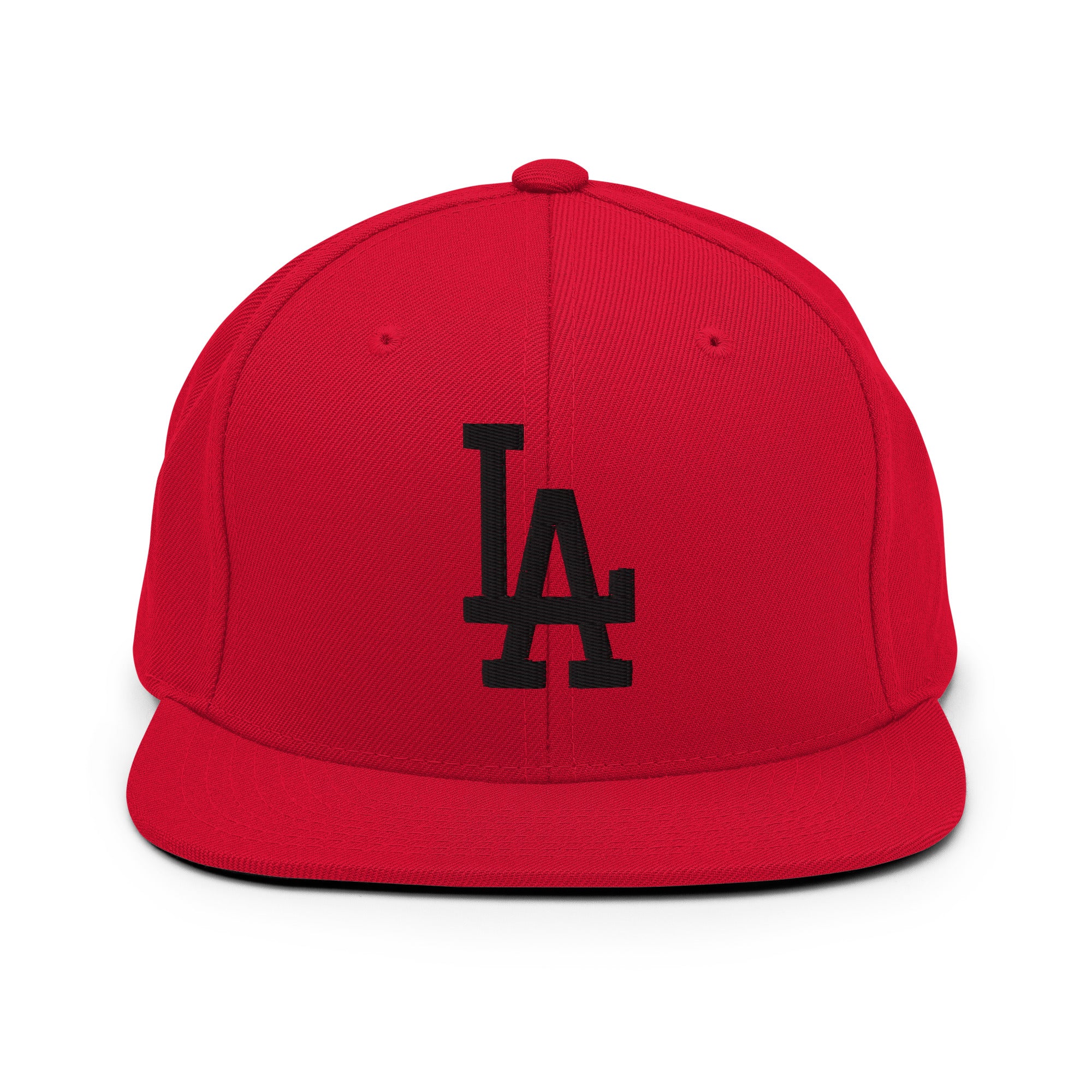 Red Classic Snapback Hat with black LA Embroidery - Product mockup