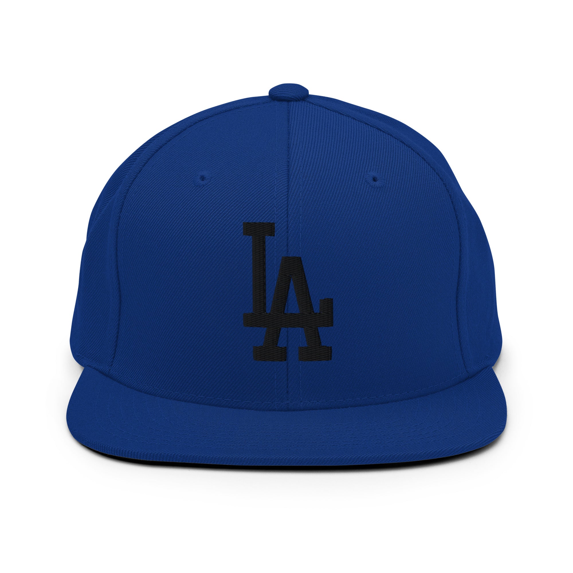 Royal Blue Classic Snapback Hat with black LA Embroidery - Product mockup