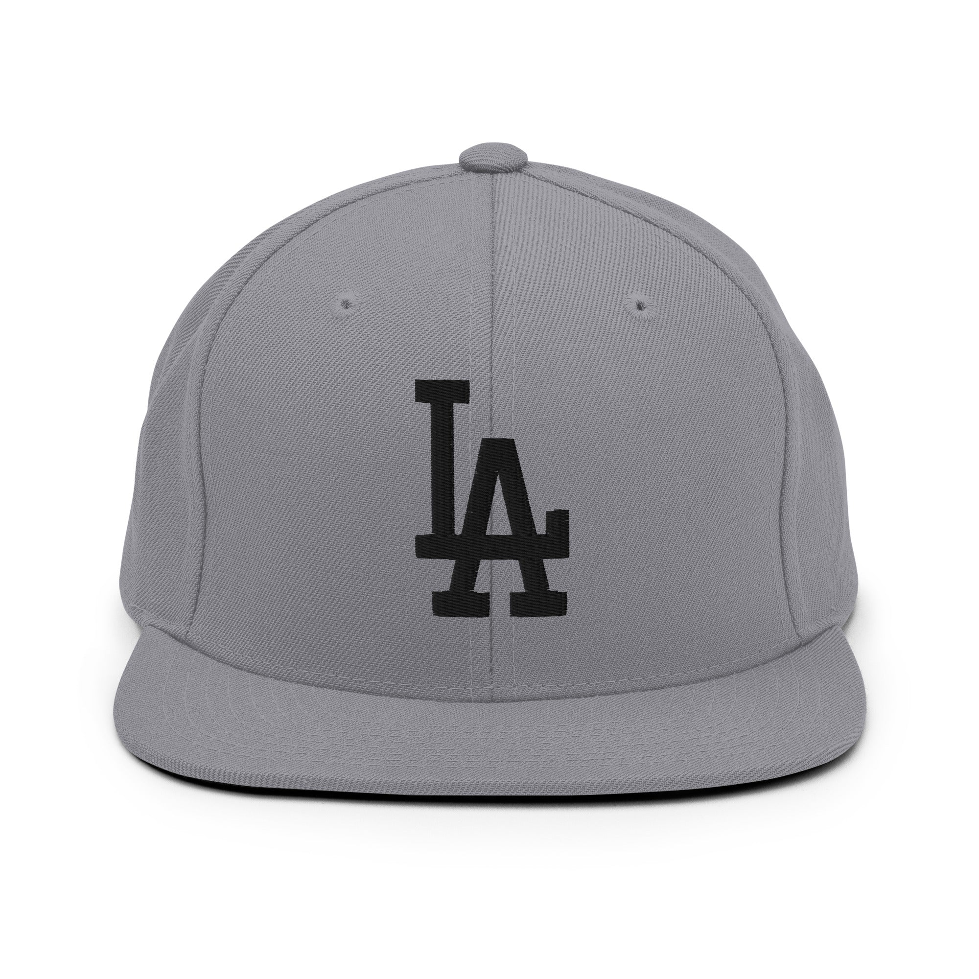 Silver Classic Snapback Hat with black LA Embroidery - Product mockup
