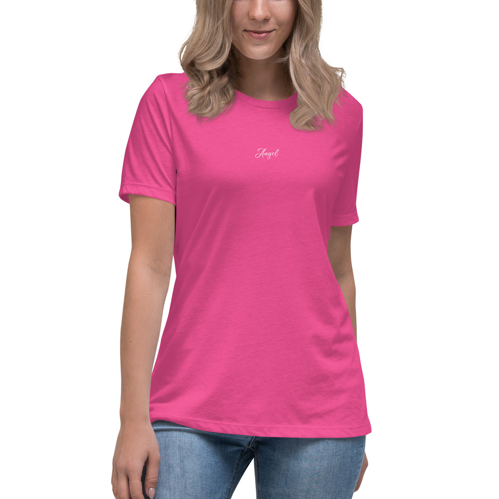 Woman wearing a pink t-shirt with text Angel on a white background
