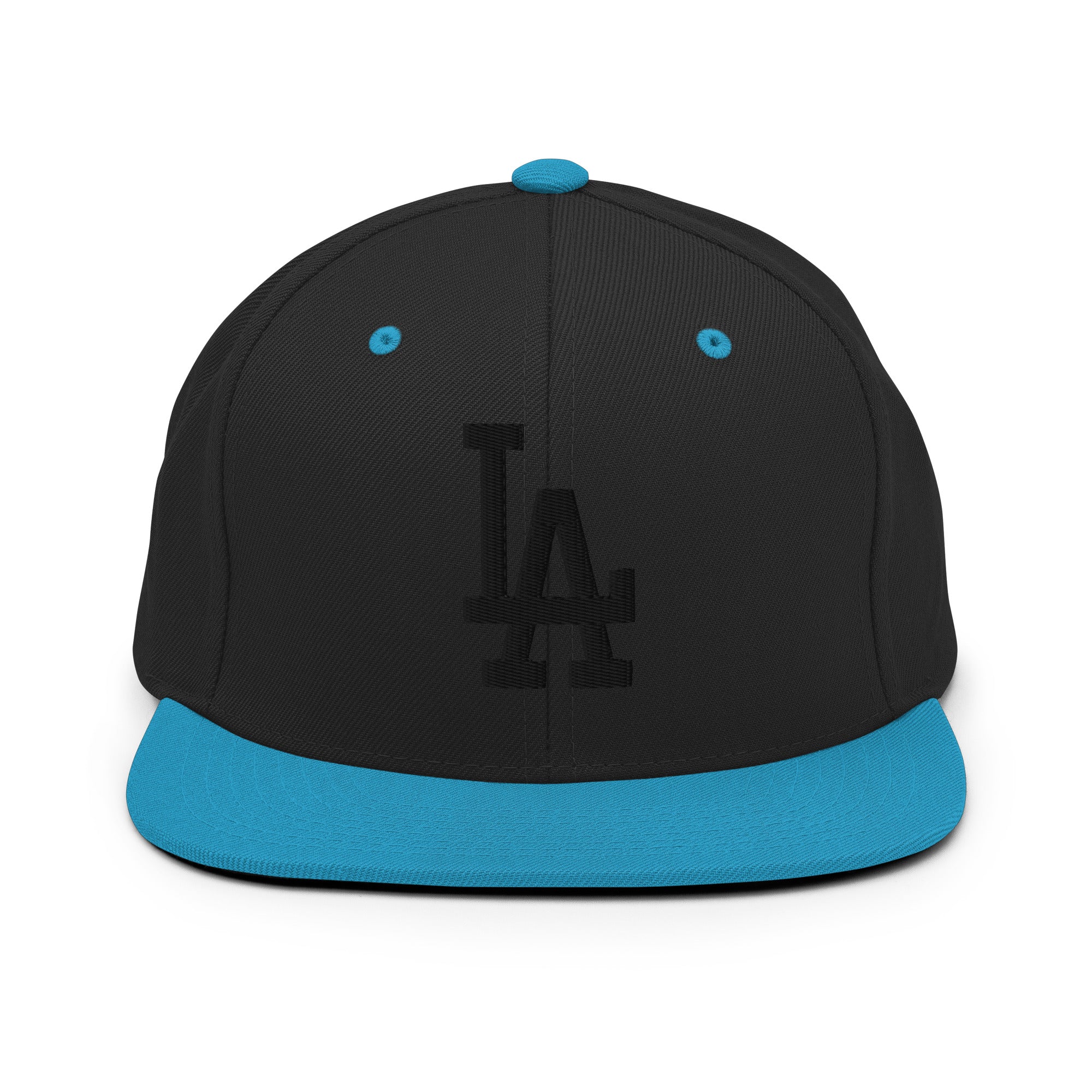 Black Teal Classic Snapback Hat with black LA Embroidery - Product mockup