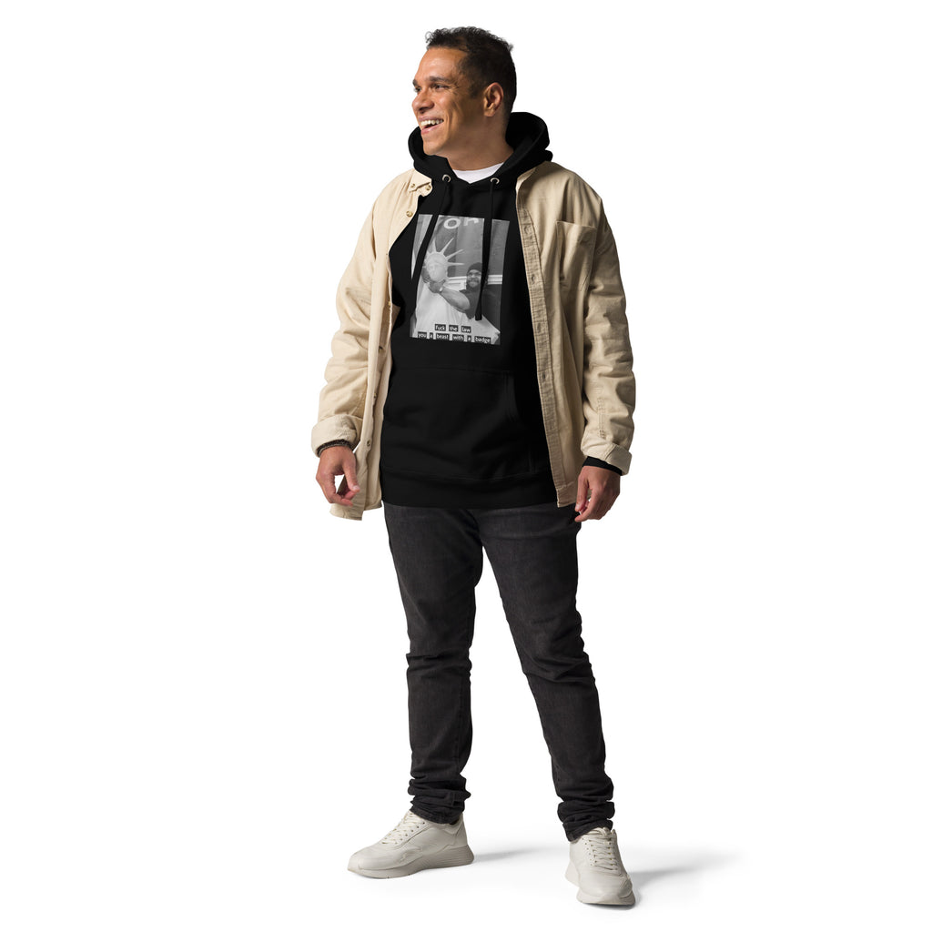 Ice Cube Unisex Premium Baumwoll-Hoodie – Scheiß auf das Gesetz, du bist ein Tier mit Abzeichen