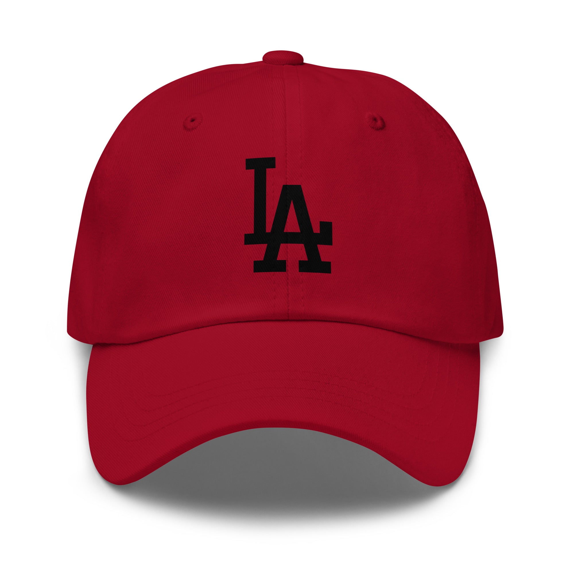 Cranberry Red Cap Classic Dad Hat with Black LA design - Product mockup