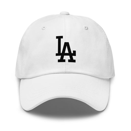 White Cap Classic Dad Hat with Black LA design - Product mockup