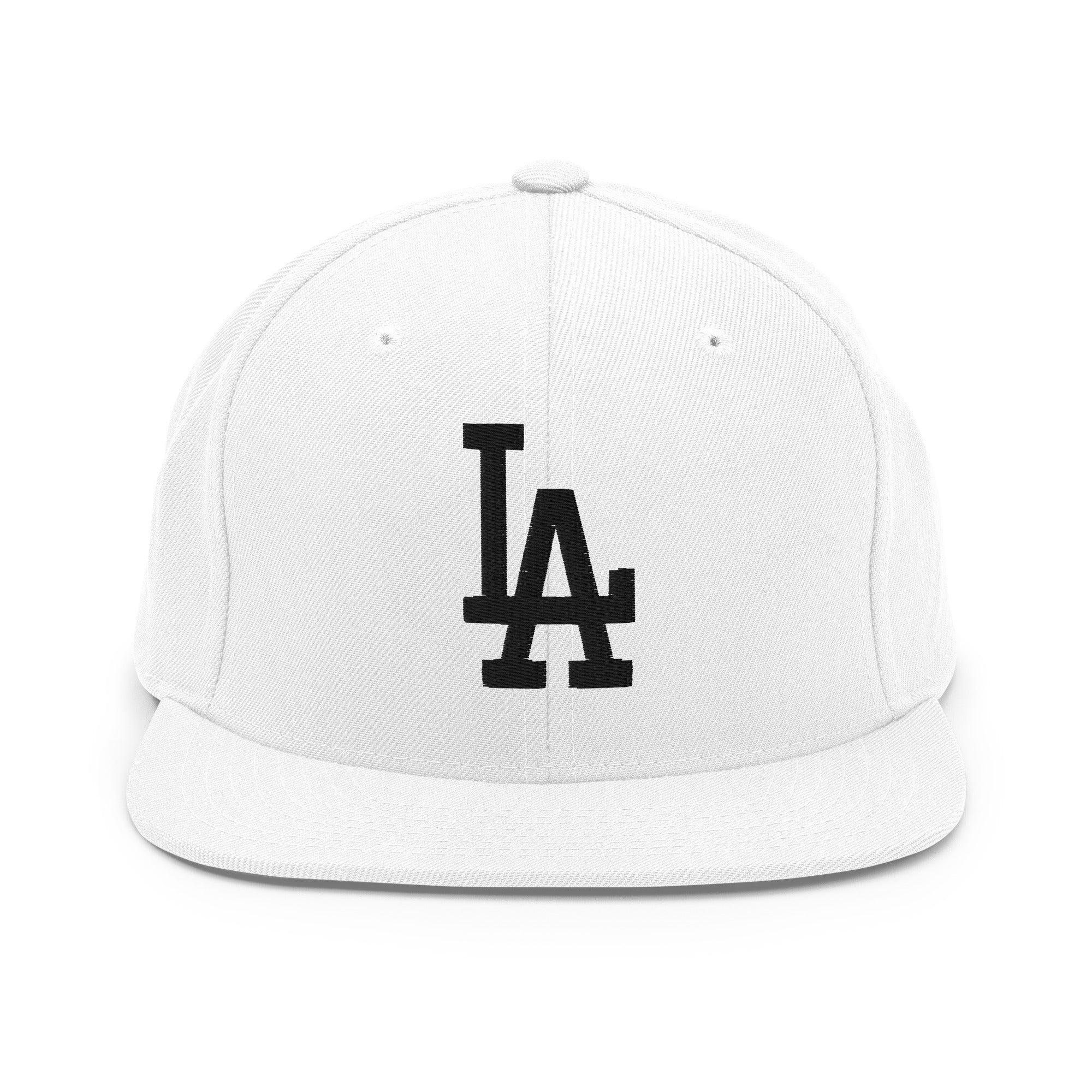 White Classic Snapback Hat with black LA Embroidery - Product mockup